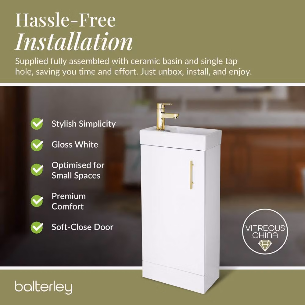 Balterley Wall Mounted Gloss White Ceramic Vanity Basin with Gold Handle, W: 40 cm – 4
