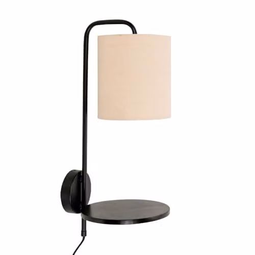 ValueLights Ryan Wall Lamp with Beige Linen Shade and Black Wood Shelf