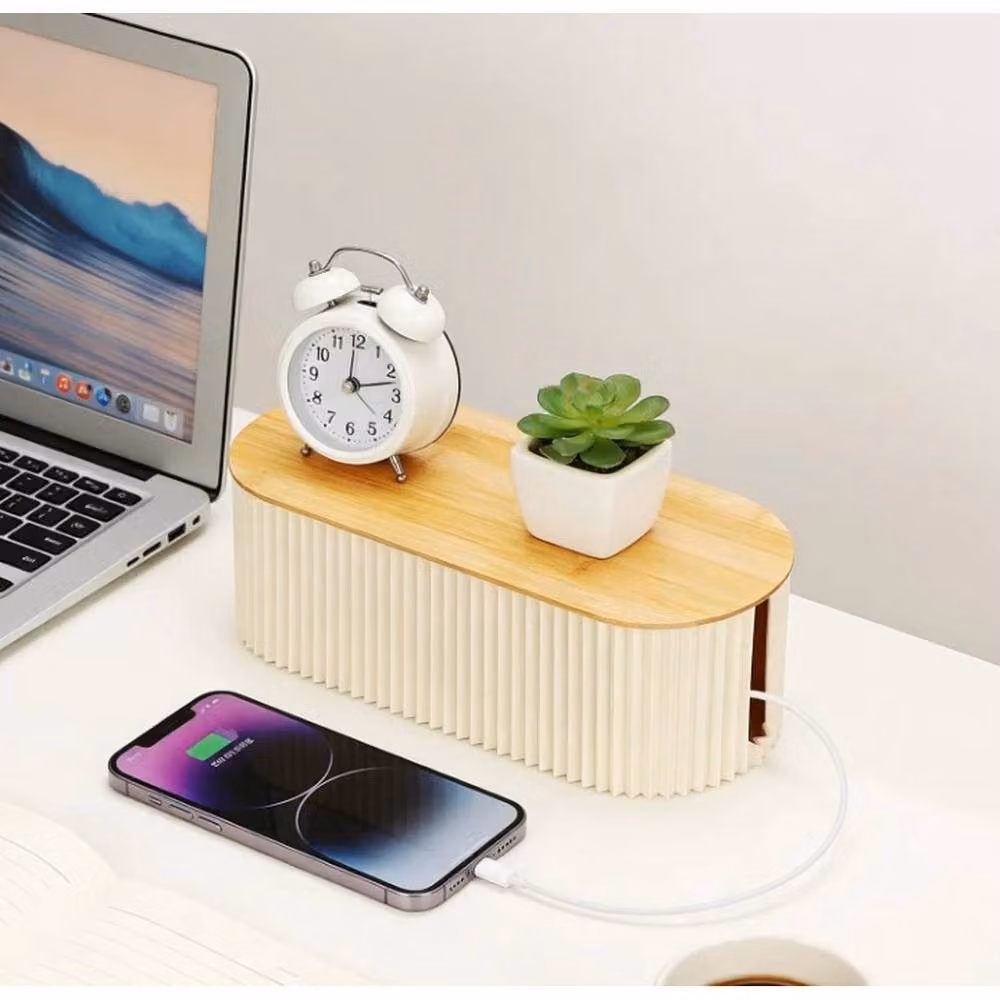 EONLION White Large Cable Management Box with Bamboo Slatted Lid – 2