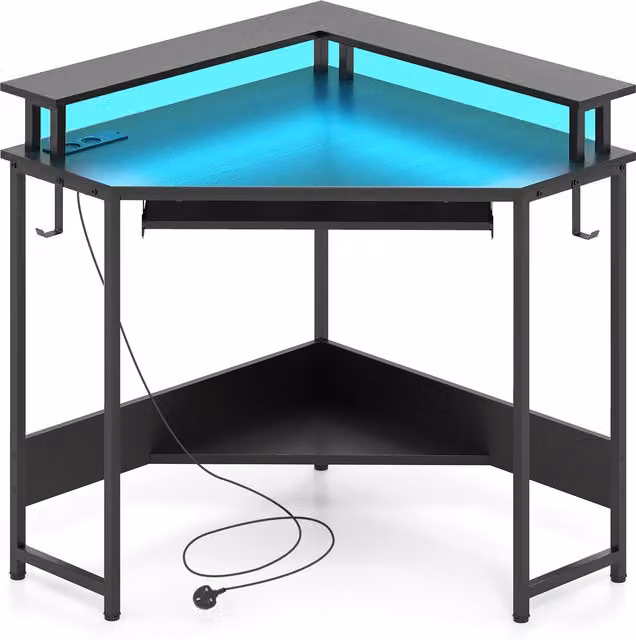 COSTWAY Modern Black Corner Desk with Charging Station and Matt Metal Finish