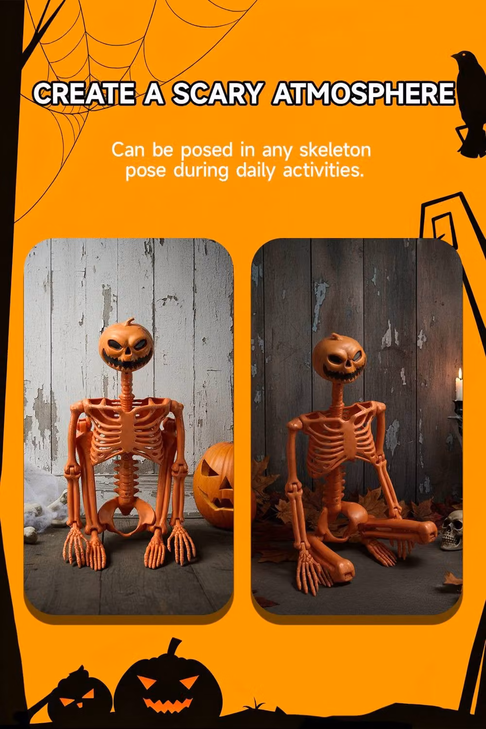 Garden Sanctuary Posable Halloween Pumpkin Skeleton Decoration in Orange – 3