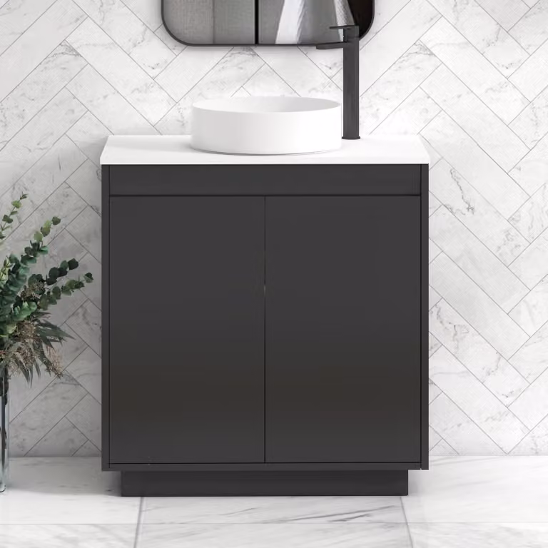 Royal Bathrooms Orion 800mm Floor Standing Vanity Unit with Art Basin and Black Accent Trim in Matt Obsidian Black and Plain White