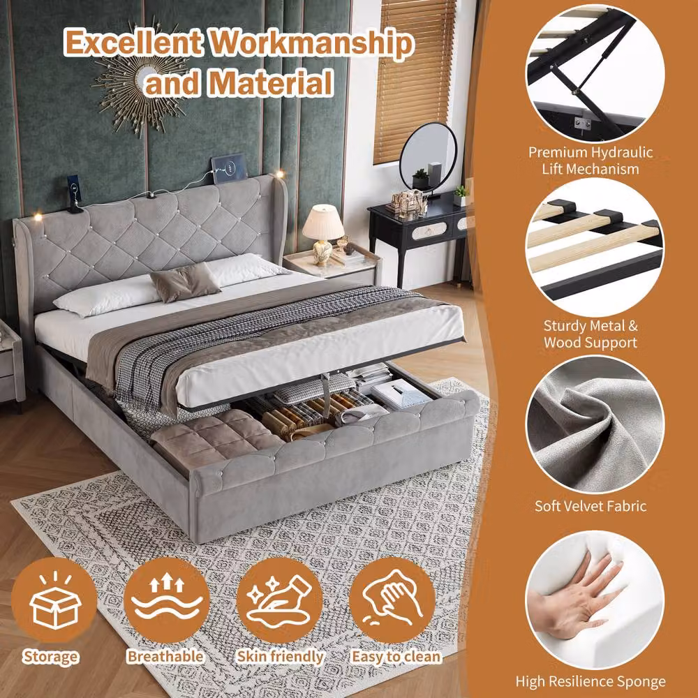 Rolipo Double Upholstered Storage Bed Frame in Grey Velvet with Integrated Reading Light and USB Charging Port, W/D/H: 140 x 200 cm – 4