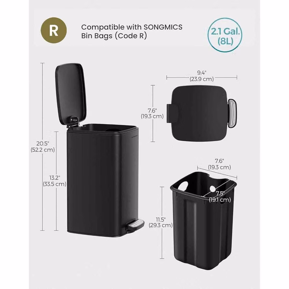 The Bazaarist Compact Steel Kitchen Pedal Bin with Soft Close and Removable Inner Bucket, Black – 3