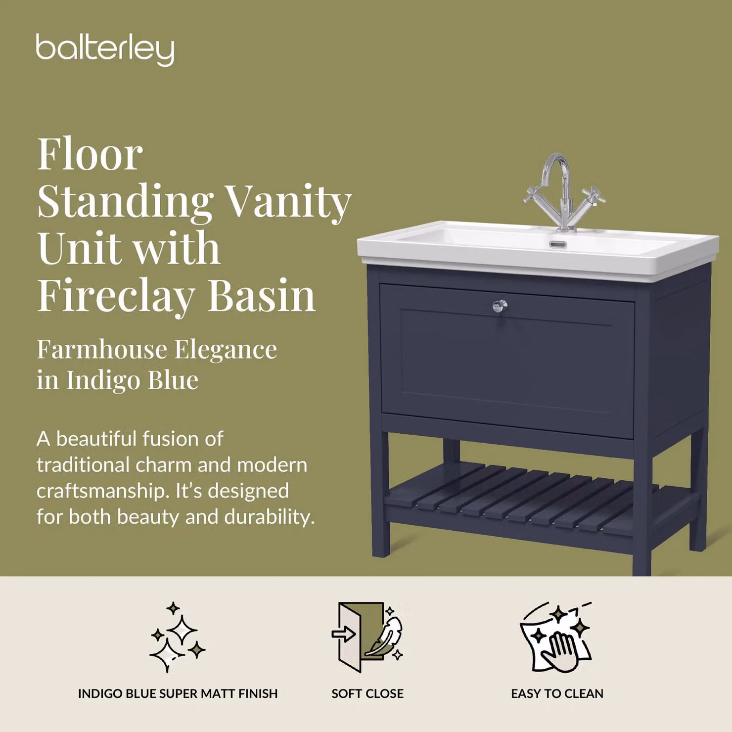 Balterley Blue Floor Standing Bathroom Vanity Unit with 1 Drawer and Fireclay Basin – 2