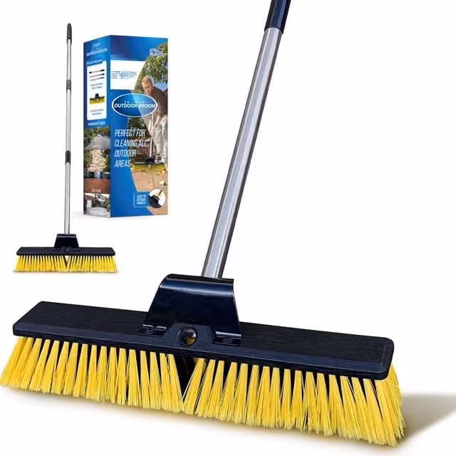 The Dustpan and Brush Store Heavy Duty 18 inch Yellow Yard Broom with Telescopic Stainless Steel Metal Handle