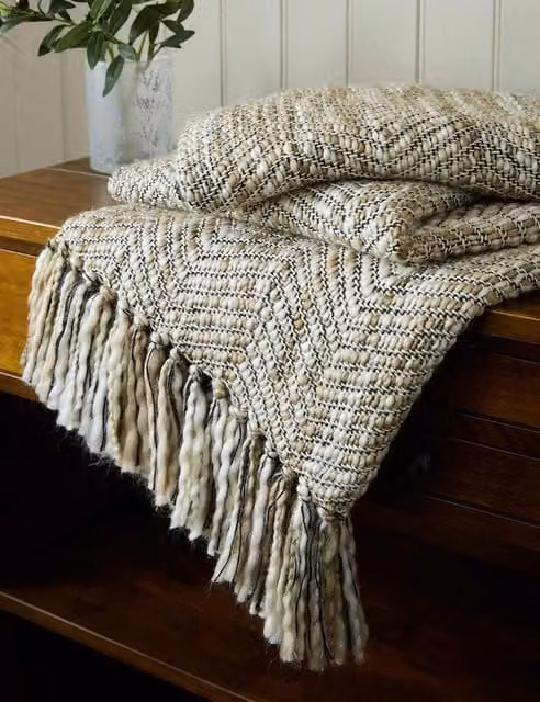 Laura Ashley Home Liberton Cotton Blend Chevron Throw with Fringes in Green and Beige
