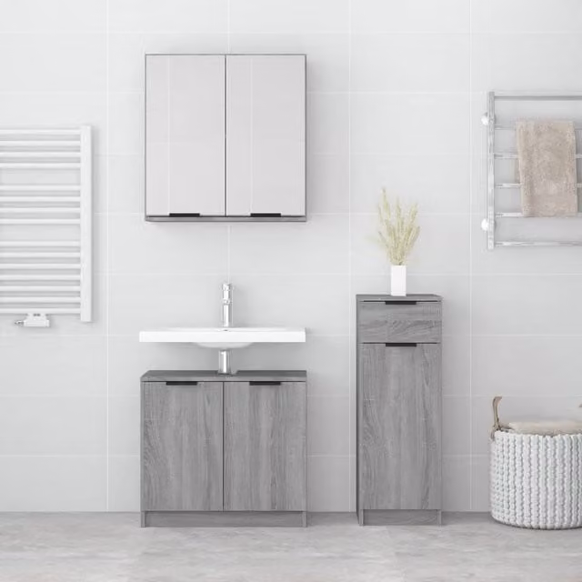 Berkfield Home 3 Piece Modern Grey Bathroom Cabinet Set with Tall, Side and Mirror Cabinets