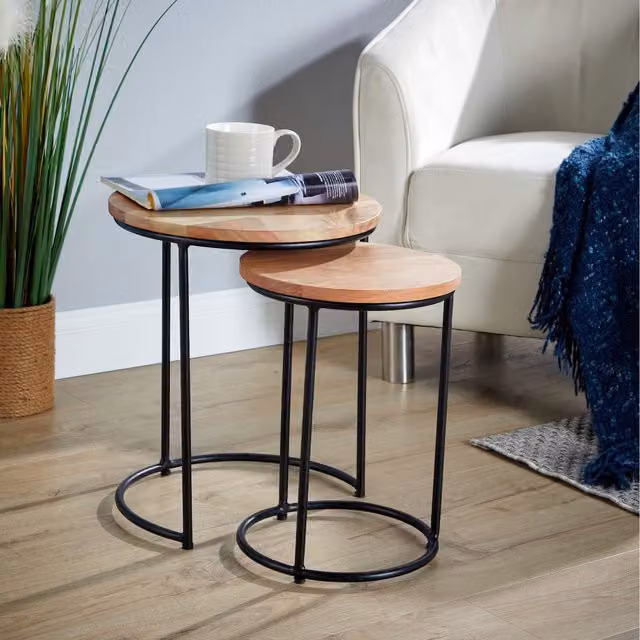 Home Source Elkart Acacia Wood Nest of 2 Round Tables in Natural Brown