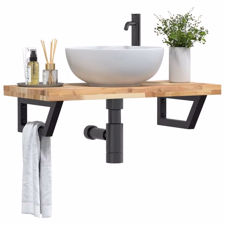 Berkfield Home Wall Mounted Basin Shelf in Brown Acacia Wood and Steel