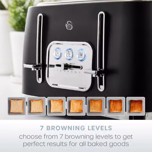 Swan Serenity ST19024BLK 4 Slice Toaster with Matt Finish, 6 Browning Levels, Temperature Control, Reheat and Defrost Functions, 2100W, Black – 2