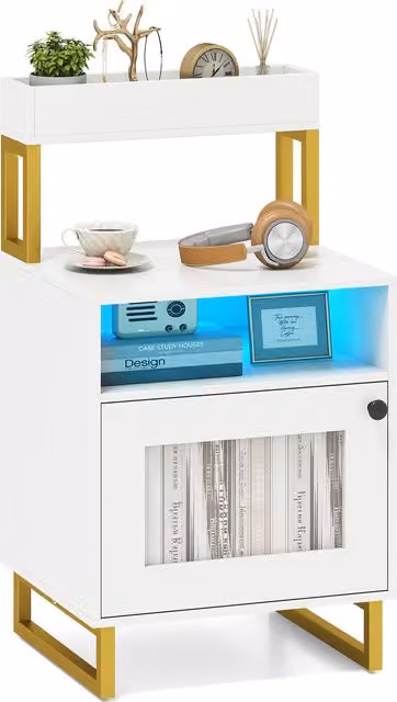 COSTWAY Modern White Glossy Nightstand with Integrated LED Lighting