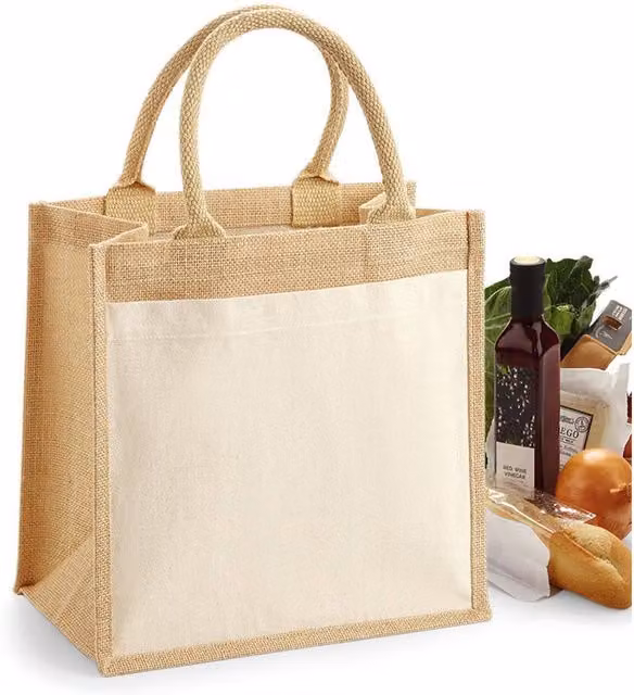 Westford Mill Pocket Jute Midi Tote Bag in Beige and Sand