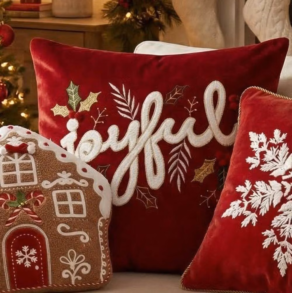 Luxury Living Red Velvet Joyful Christmas Embroidered Cushion with Hollow Fibre Pad, W/D/H: 45 x 45 x 45 cm – 3