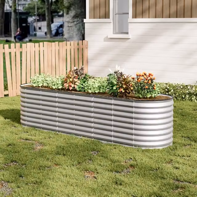 Lifeideas Oval Metal Raised Flower Bed in Silver, W/D/H: 320 x 80 x 80 cm