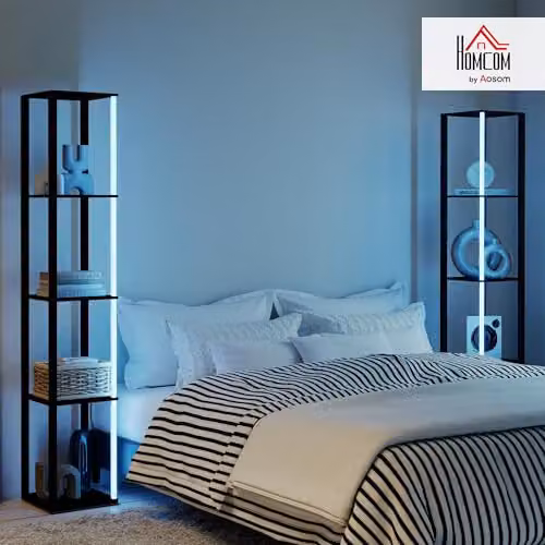 HOMCOM RGB LED Floor Lamp with Shelves and Remote Control, Black – 2