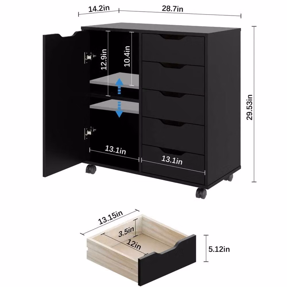 ERGOVEXA Black Wooden File Cabinet with 5 Drawers and 1 Door Dresser Cabinet – 2