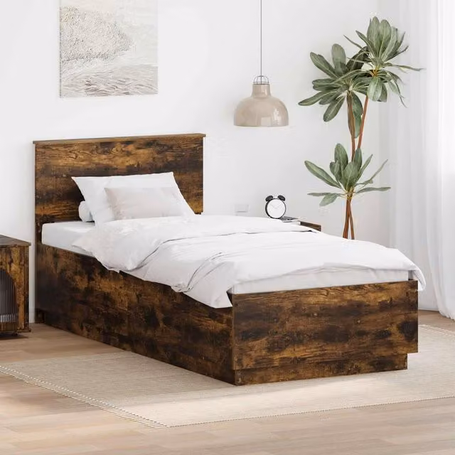 Berkfield Home Modern Smoked Oak Bed Frame in Brown with Under-Bed Lighting and USB Charging Port, W/D/H: 100 x 200 cm