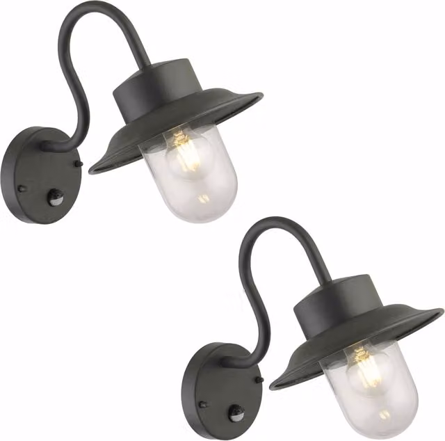 First Choice Lighting Montford Set of 2 Black Motion Sensor Outdoor Wall Lights with Timer and E27 LED Compatibility, H: 36.5 cm, W: 23.0 cm, D: 13.0 cm
