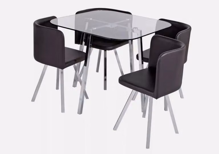 Elsie Silver Modern Glass Dining Table and 4 Black Chairs Set