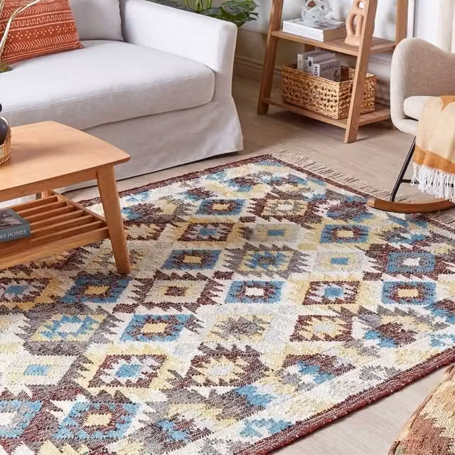 Wyld and Coco Handwoven Multicolour Geometric Jute and Cotton Rectangular Rug with Fringes W: 140 cm, L: 200 cm