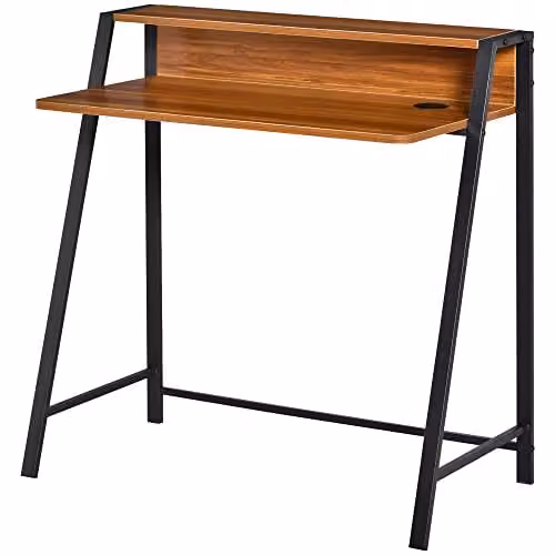 HOMCOM 2-Tier Computer Workstation with Storage Shelf, Walnut Metal Frame Writing Desk, W: 85 cm, D: 45 cm, H: 76 cm