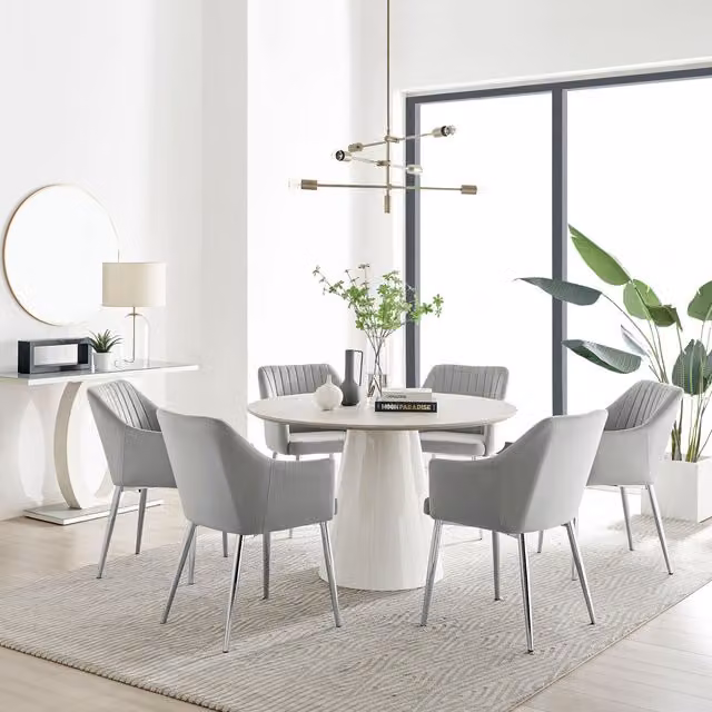 FurnitureboxUK Palma Beige Stone Effect Round Dining Table and 6 Calla Silver Leg Chairs in Grey