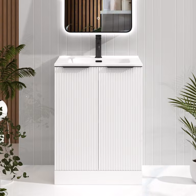 Royal Bathrooms Evora 700mm Matt White Fluted Floor Standing 2 Door Vanity Unit with Ceramic Basin and Matt Black Handles