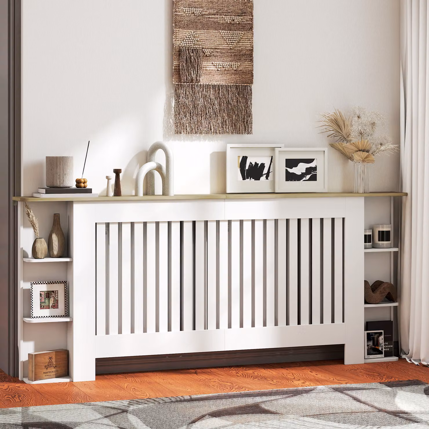 HOMCOM Extra Large Radiator Cover with Open Storage Shelves, Vertical Slatted Cabinet in White, H 83 x W 191 x D 19 cm – 2