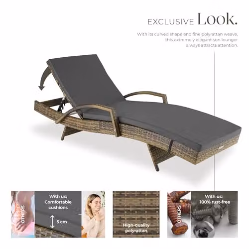 tectake Rattan Sun Lounger with 5-Position Adjustable Backrest and Soft Cushion in Nature – 5