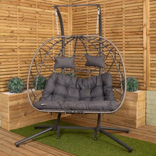 Samuel Alexander 2 Seater Grey Rattan Hanging Egg Chair with Cushions and Weather Cover