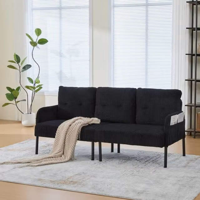 HomeTouch Modern 3 Seater Click Clack Sofa Bed in Black with Side Pockets and Armrests W/D/H: 171 x 80 x 57 cm – 1