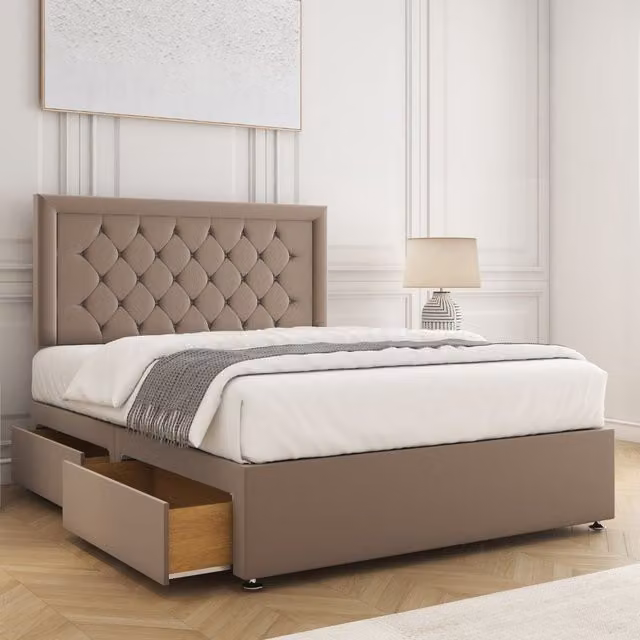 BSSPOKE Nova Plush Velvet Divan Bed Set with 24 inch Headboard, 4 Drawers and Mattress in Bronze, W/D/H: 180 x 200 cm