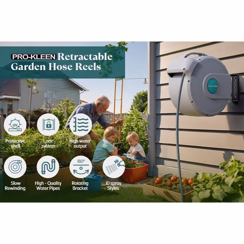 ProKleen Retractable Wall Mounted Garden Hose Reel with 10 Function Spray Gun, 30m, Grey – 2