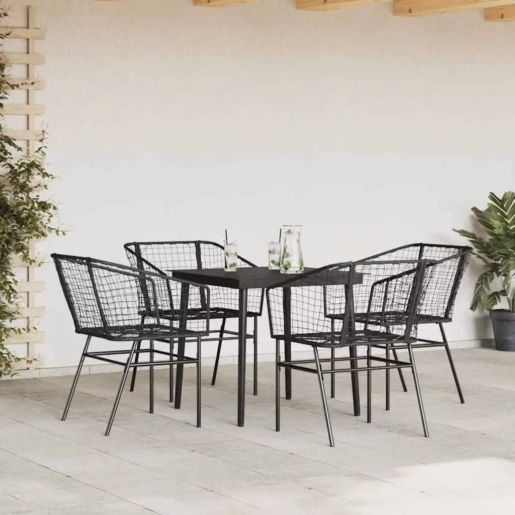 Berkfield Home 5 Piece Modern Garden Dining Set in Black Poly Rattan with Glass Top – 2