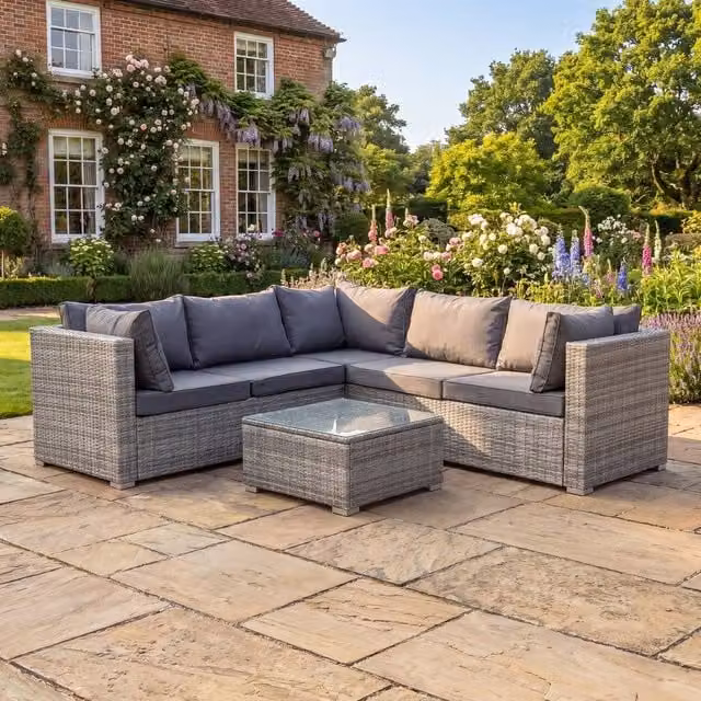 Rosewood & Stone Home Anglesey 5 Seat L-Shape Modular Garden Furniture Set in Grey Polyrattan with Outdoor Coffee Table – 1