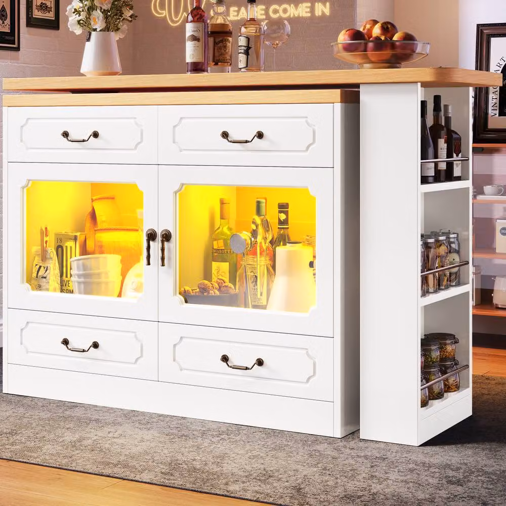 Rolipo 360° Rotating Kitchen Island Bar Table with LED Lights and Storage in White – 2