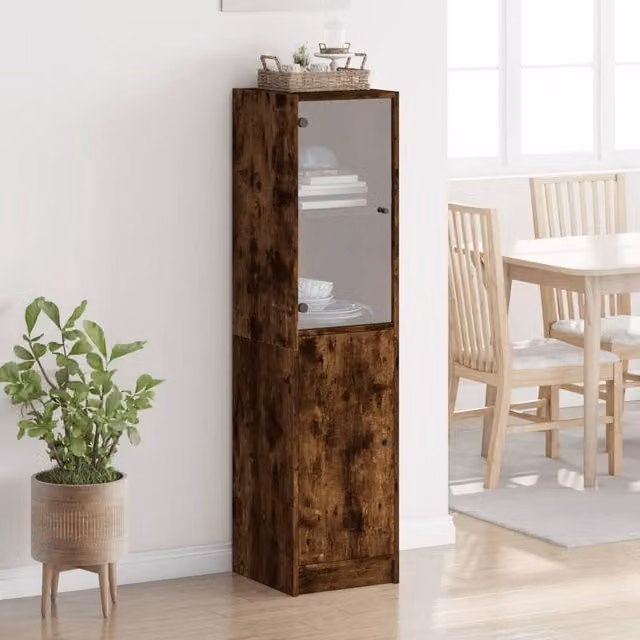 Berkfield Home Modern Highboard with Glass Doors in Smoked Oak Brown, W/D/H: 35 x 37 x 142 cm – 1