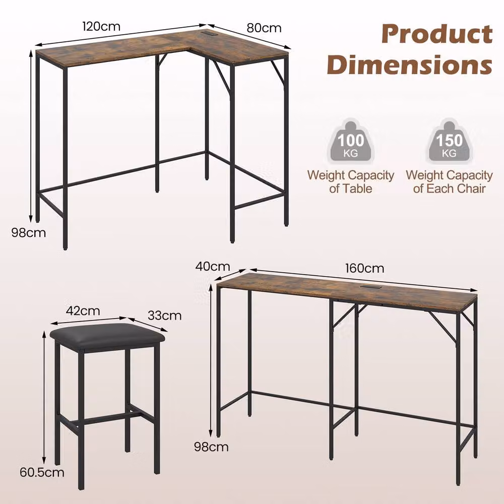 Gymax 3-Piece L-Shaped Bar Table and Chair Set in Brown – 2
