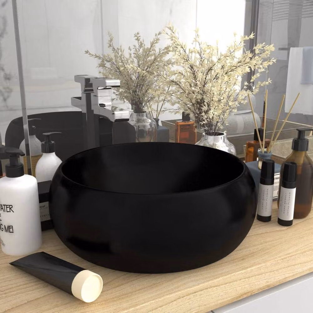 Berkfield Home Luxury Round Ceramic Wash Basin in Matt Black, W: 40 cm, D: 15 cm, H: 15 cm – 2