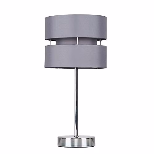 ValueLights Pinto Modern Silver Chrome Table Lamp with Grey Fabric Shade