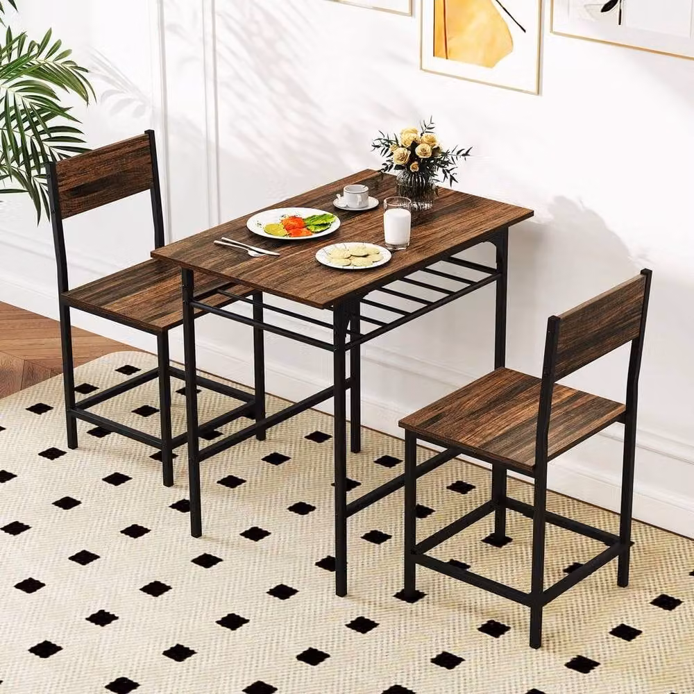 KORVIXA 3-Piece Industrial Wood and Metal Rectangular Dining Table and Chair Set in Brown, Width: 100 cm – 4
