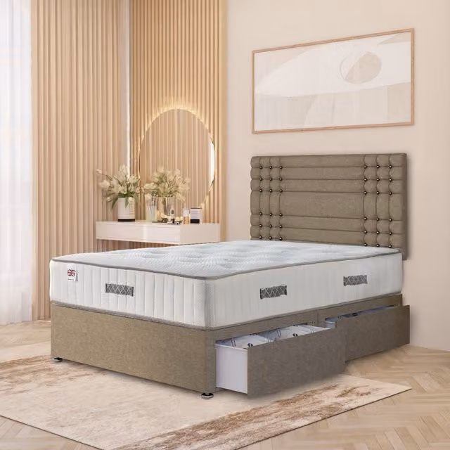Somnior Beds Ltd Modern Upholstered Fabric Divan Bed Frame and Headboard with Drawers in Beige or Brown, W/D/H: 140 x 200 cm