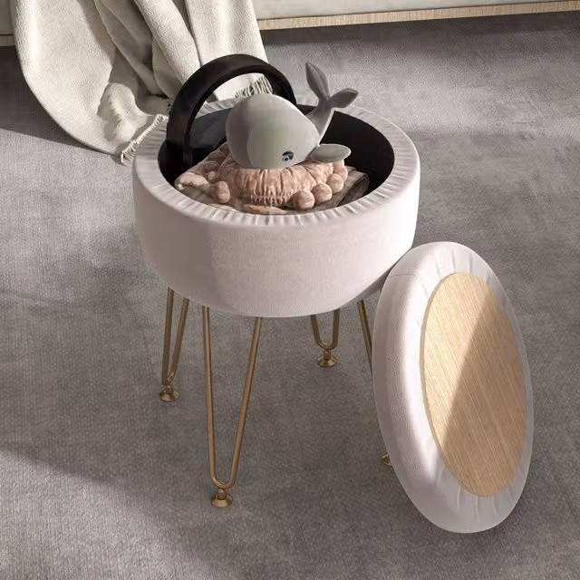 HOMCOM Pink Velvet Storage Ottoman with Metal Hairpin Legs