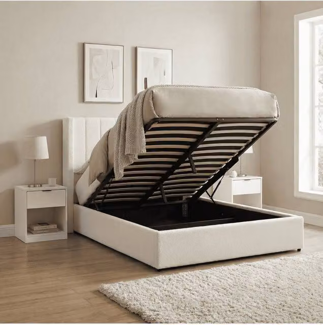 Home Source Ottoman Storage Bed in White Upholstered Boucle Fabric, W/D/H: 180 x 200 cm – 1
