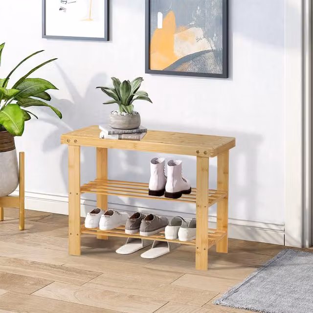 Livingandhome Rustic Bamboo Shoe Rack and Hallway Bench in Natural Brown and Yellow Wood