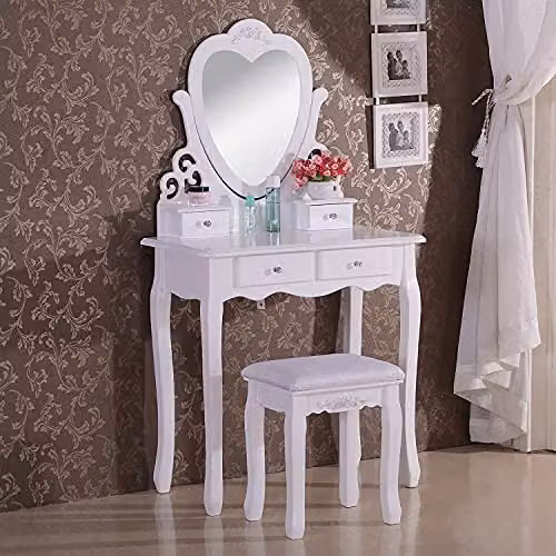 KOSY KOALA White Love Heart Dressing Table with Stool and Heart Shaped Mirror, 4 Drawer Vanity Set for Bedroom, W/D/H: 130 x 40 x 75 cm