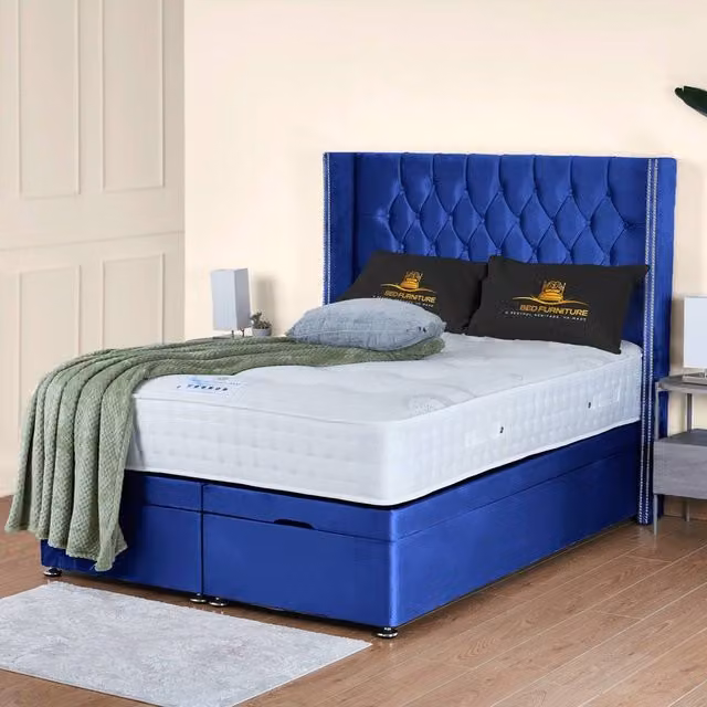 UK Bed Furniture Francesca End Lift Divan Ottoman Bed with 54 Inch Diamond Headboard in Blue Velvet, W/D/H: 90 x 190 cm – 1