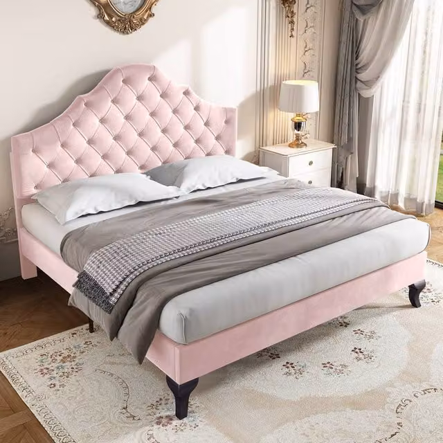 Rolipo Pink Velvet Upholstered Double Bed Frame with Adjustable Headboard, W: 140 cm, D: 200 cm – 1