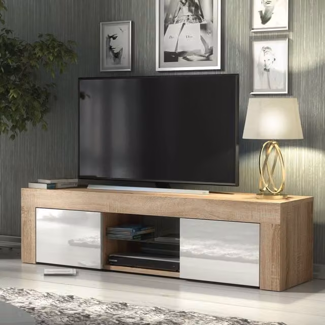 Creative Furniture Modern TV Unit in Oak with High Gloss White Doors, W: 130 cm, D: 35 cm, H: 35 cm
